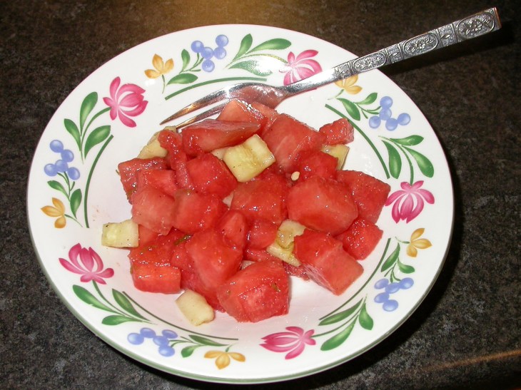 Watermelon and Cucumber Salad - salad served